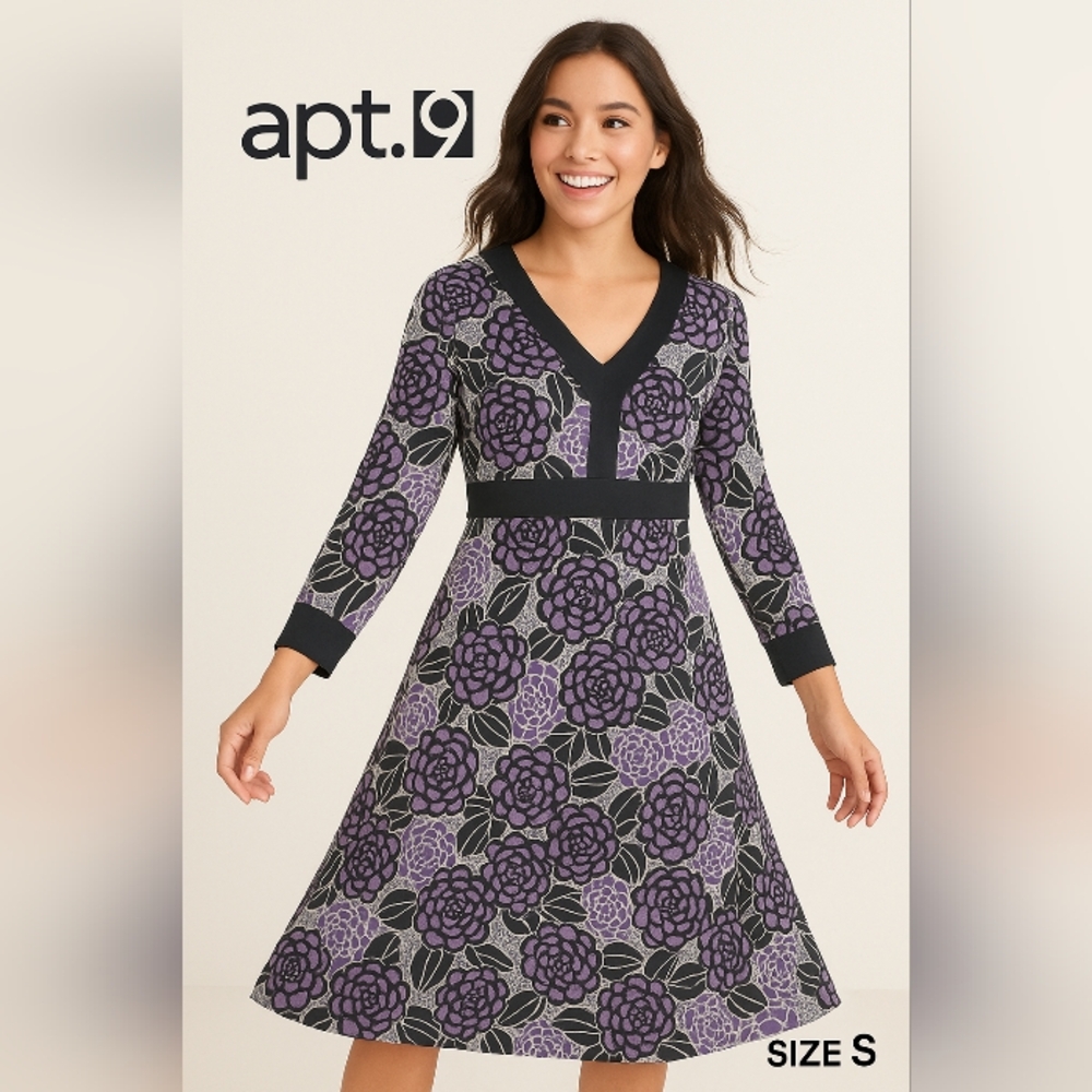 Apt. 9 Women's Long Sleeve Dress Purple and Black A-Line V-Neck Size S